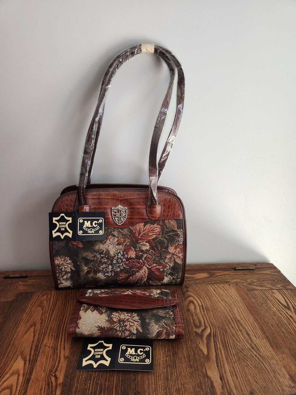 Vtg Marc Chantal Tapestry bag and matching wallet NWT and leather trim 80's